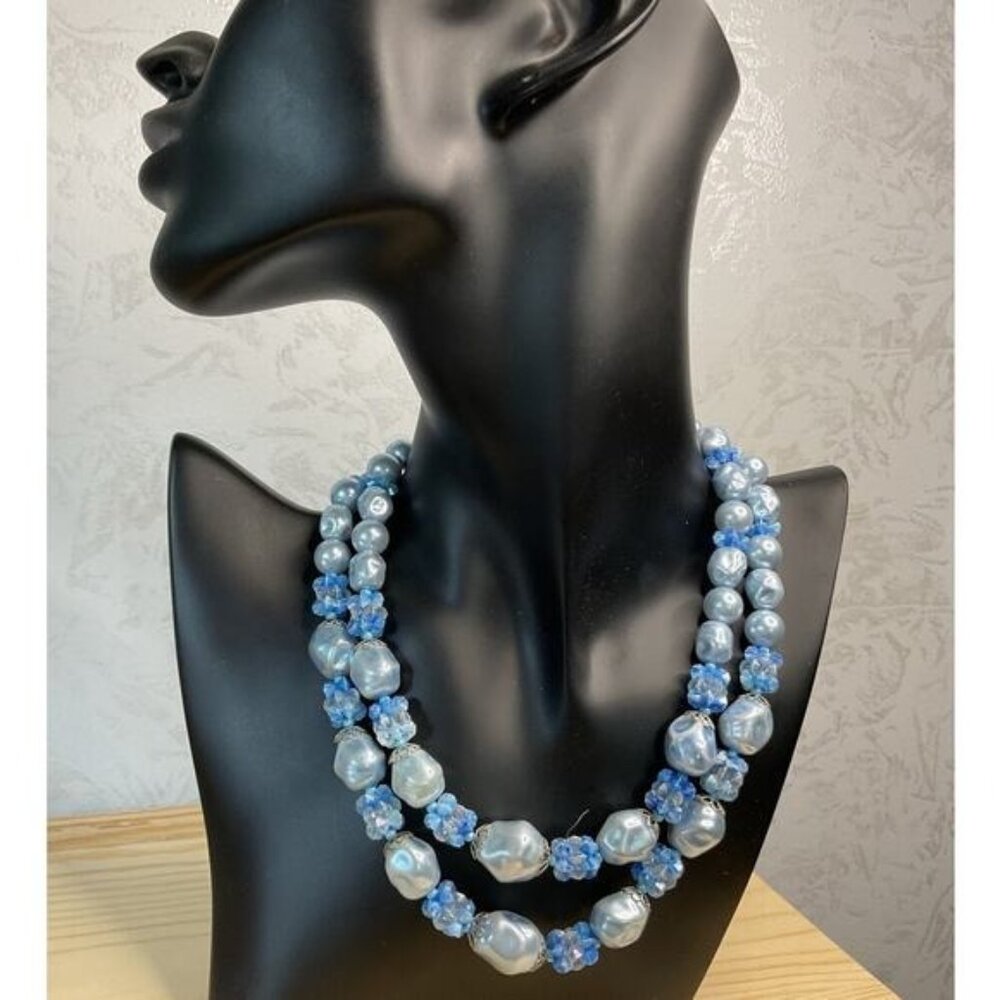Mid Century Blue Faux Pearl Beaded Necklace